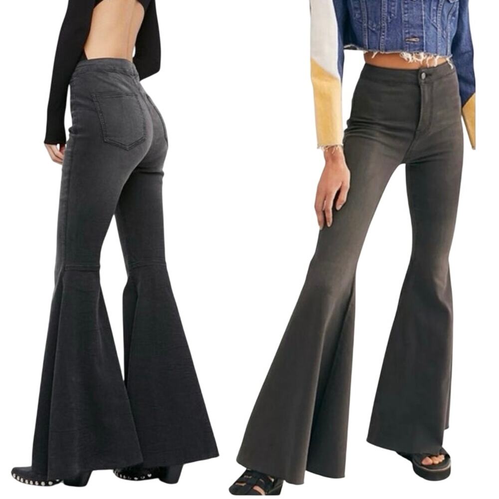 Free People Just Float On Super Flare Mid Rise Jeans Washed Black Size 26